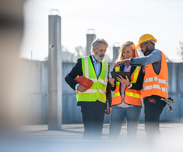 group of people touring a construction site