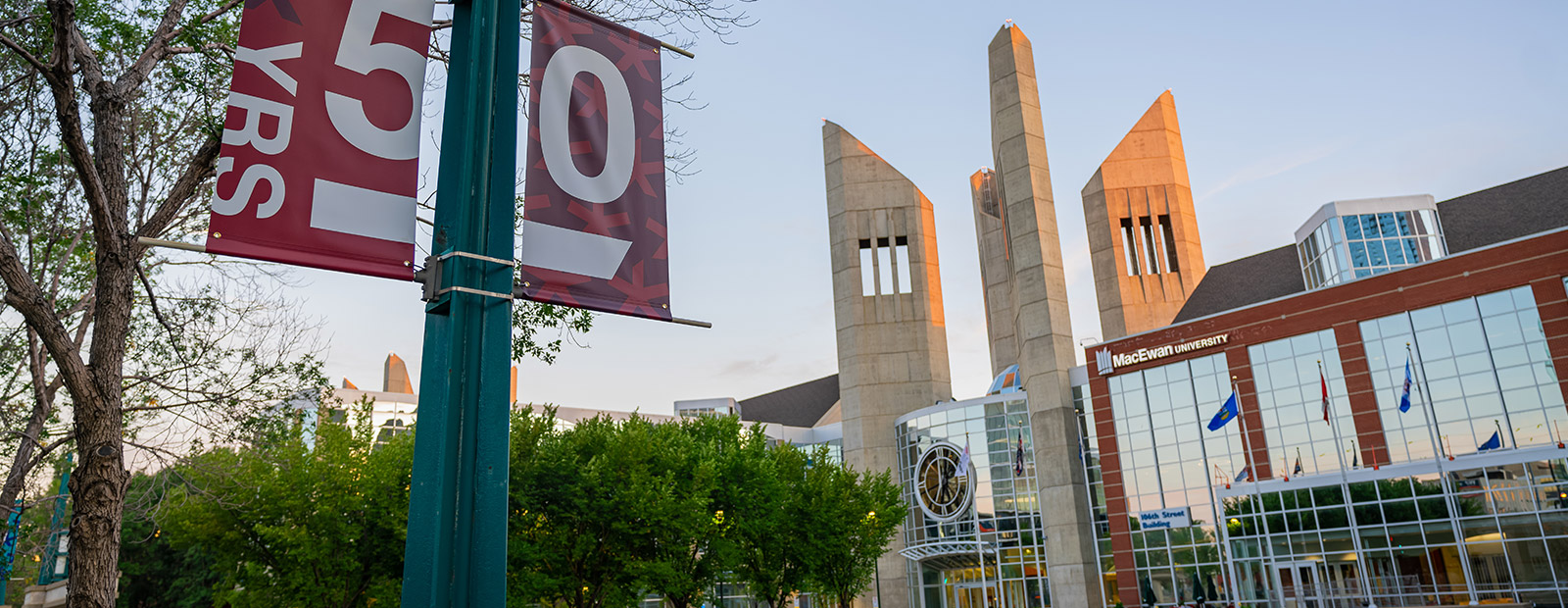 macewan university with 50th signage outside