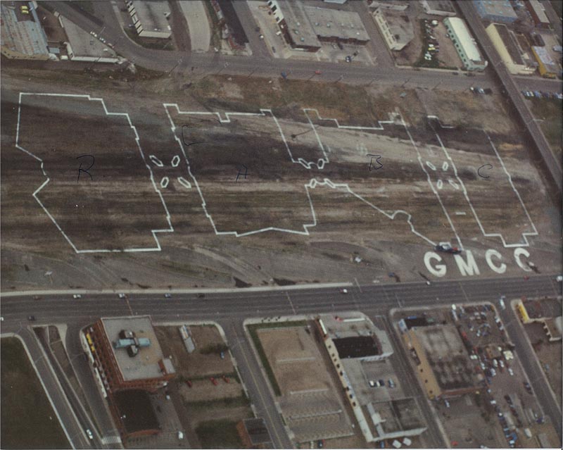 1980s aerial photo of rail yard