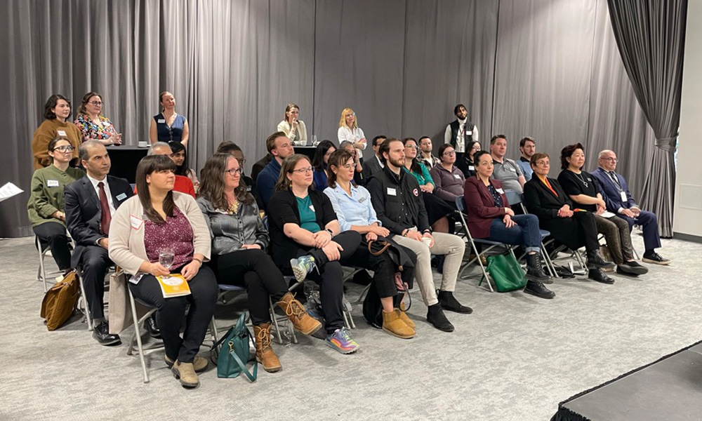 crowd sitting while listening to a presentation