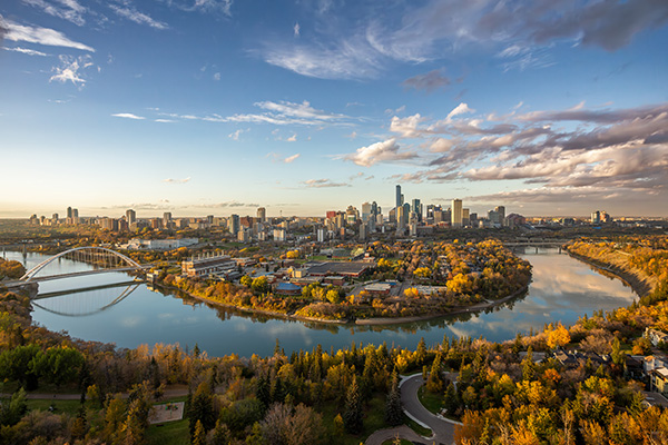 aerial photo of downtown Edmonton and river