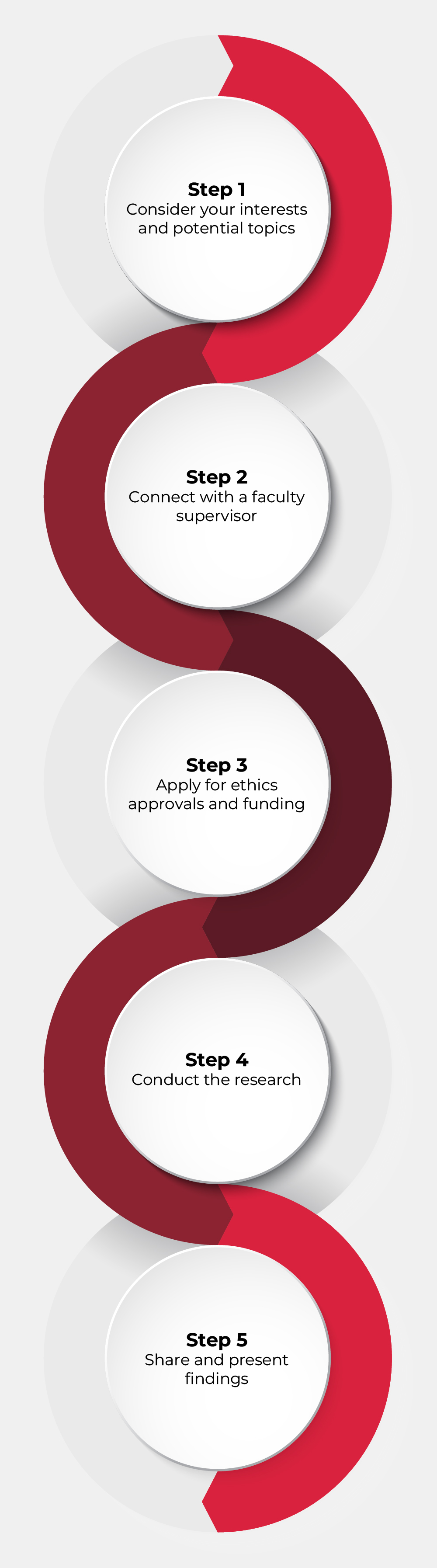 Vertical infographic showing five steps in the research process connected by a curved red path: Step 1—consider your interests and potential topics; Step 2—connect with a faculty supervisor; Step 3—apply for ethics approvals and funding; Step 4—conduct the research; Step 5—share and present findings.