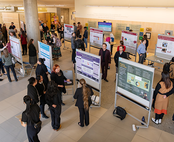 aerial shot of students walking around on Student Resarch Day