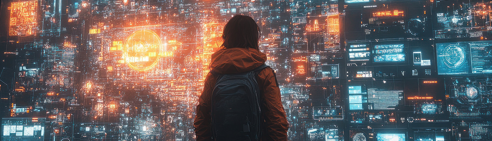 student looking at wall of data