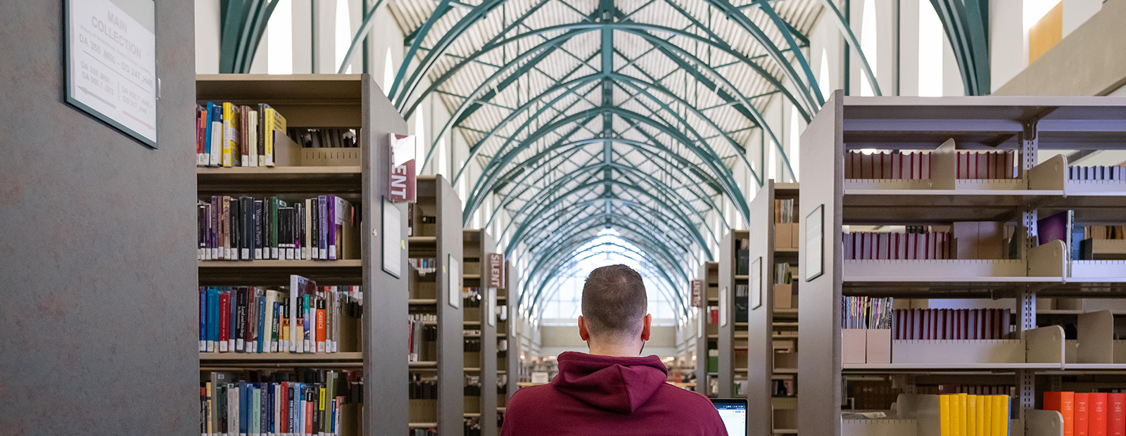 student sitting in library