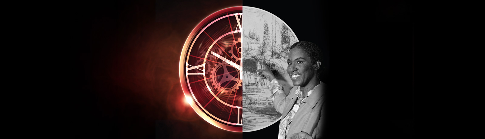 clock and art banner with a student pointing