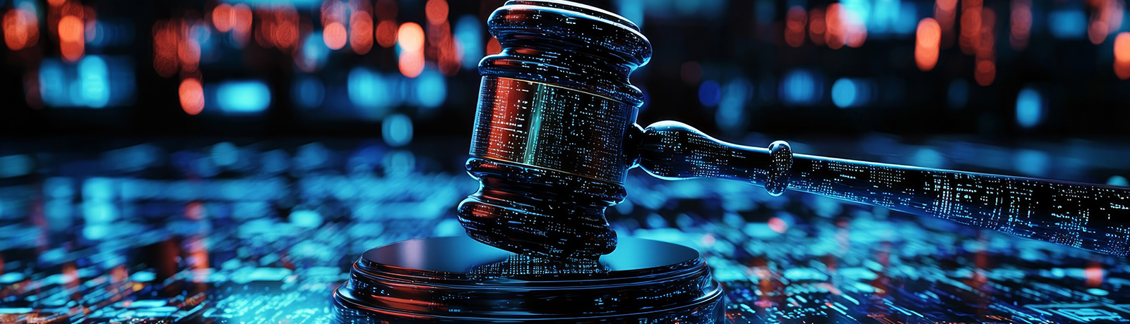 close up of 3D gavel with lights in behind