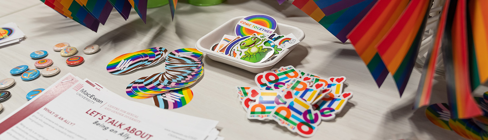 table with stickers, flags and buttons