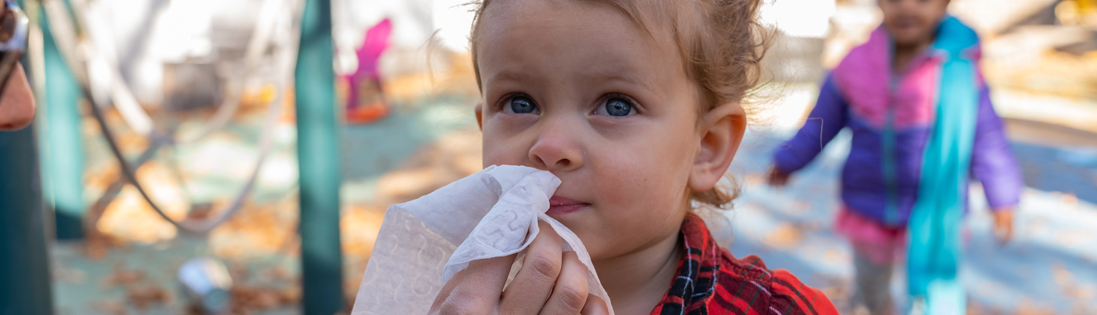 child blowing nose into kleenex