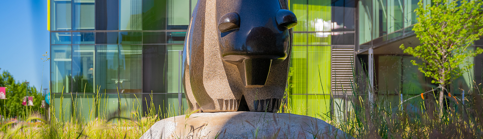 bear statue in the grass outside of MacEwan University