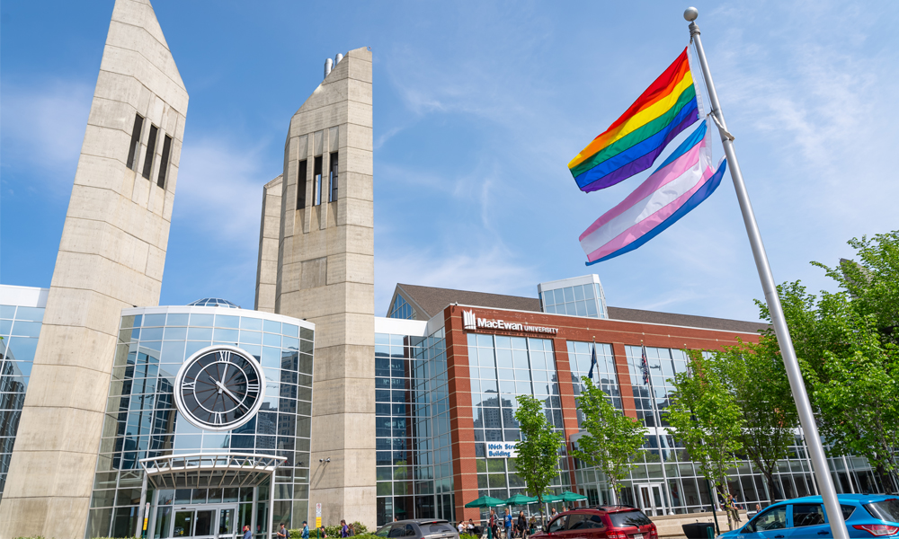 City Centre Campus clock with Pride flags