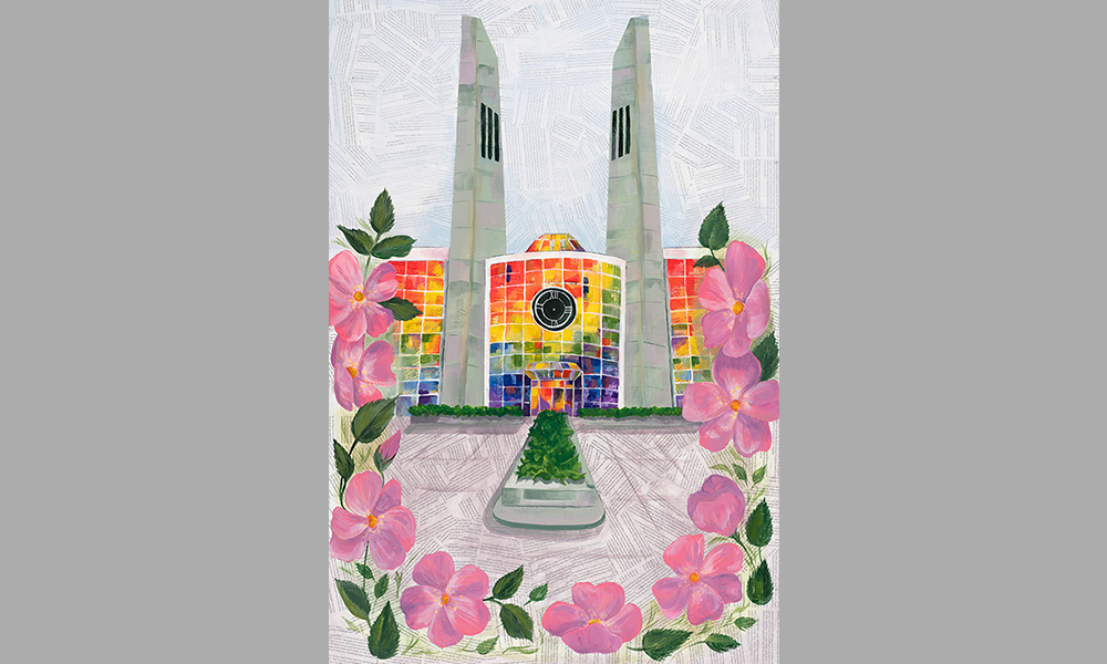 An Image of "Reflections," a painting of the MacEwan University clocktowers set against a background of newspaper excerpts, with a wreath of pink wild roses along the outer edge. 