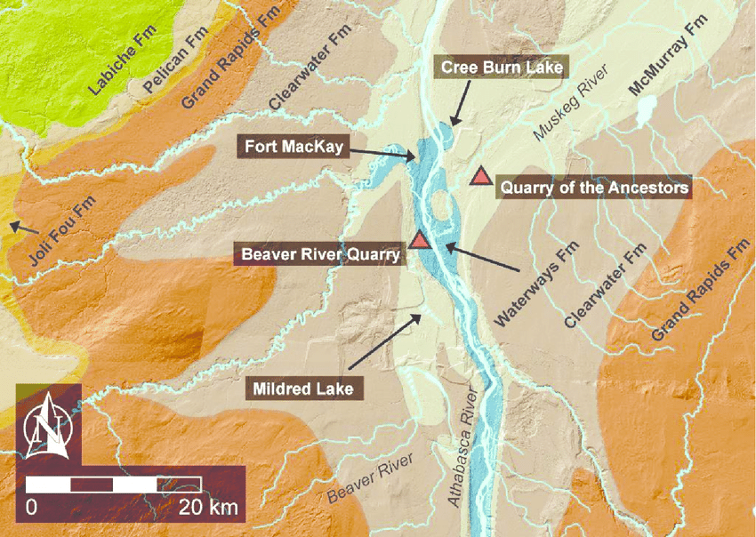 A map that shows the location of the Quarry of the Ancestors close to Fort MacKay