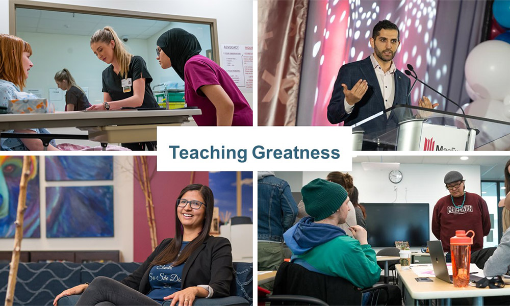 A collage of images - students working on a project, a Distinguished Alum speaking to an audience, a student in kihew waciston and students working on a group project