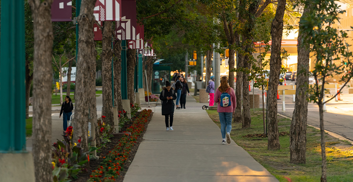 Students walk on a campus sidewalk in the autumn weather.