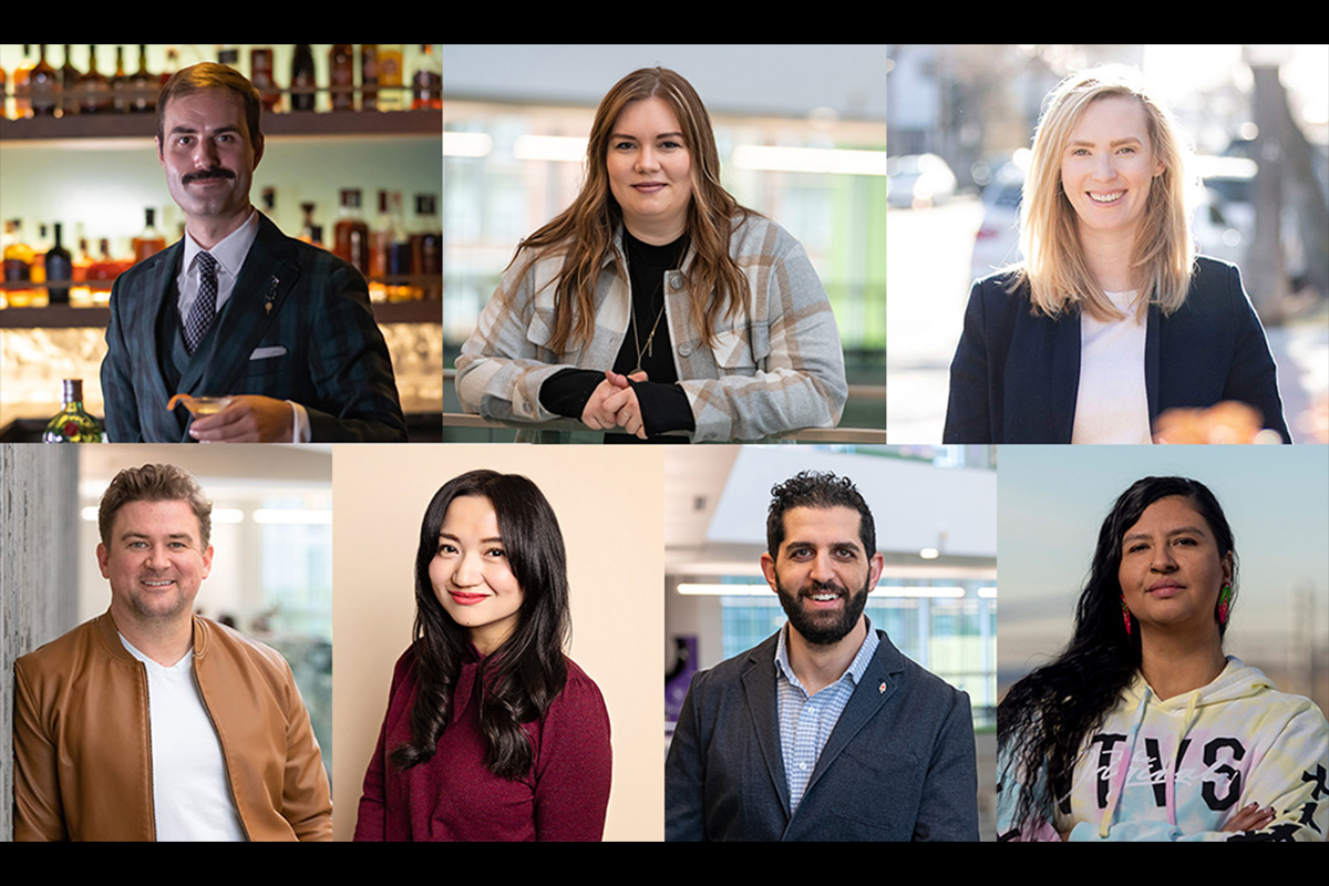 A collage of headshots of seven MacEwan alumni