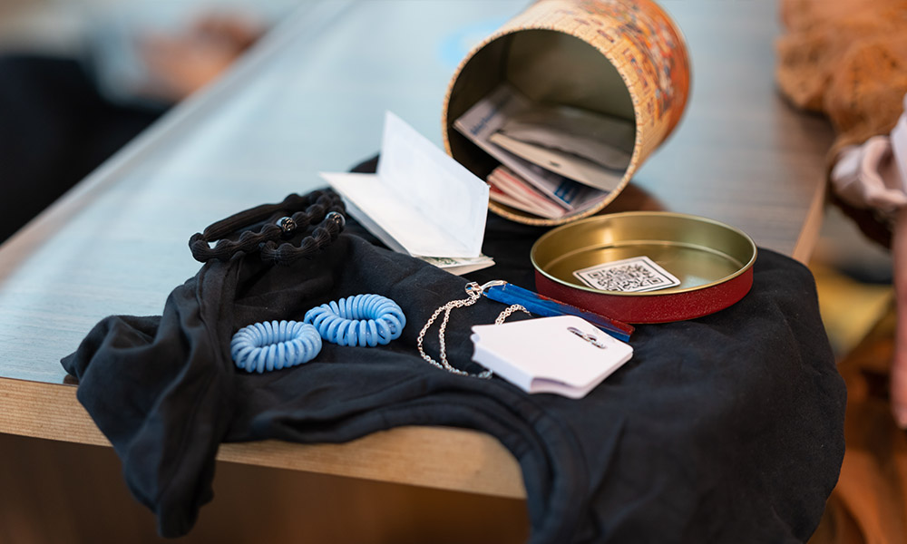 A sample tin filled with a t-shirt, hair ties, cards and more.