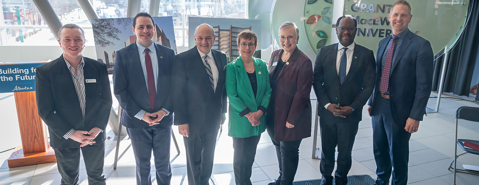 A group shot of Myles Dykes, Minister Demetrios Nicolaides, Sine Chadi, Dr. Annette Trimbee, Carolyn Graham, Minister Kaycee Madu and Minister Nathan Neudorf