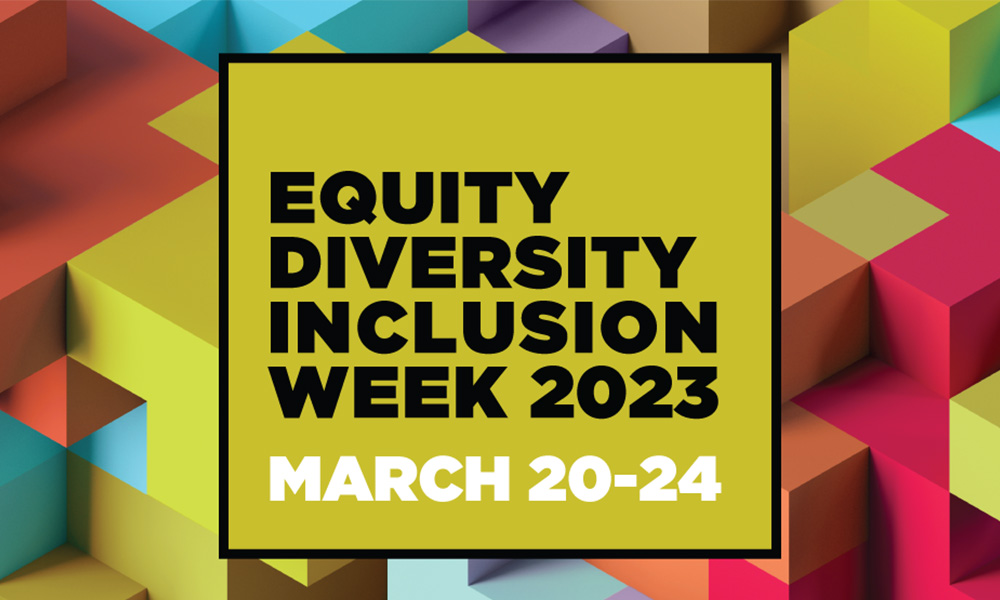 The text "Equity diversity inclusion week 2023, March 20-24" is placed on a background of multicoloured interlocking blocks