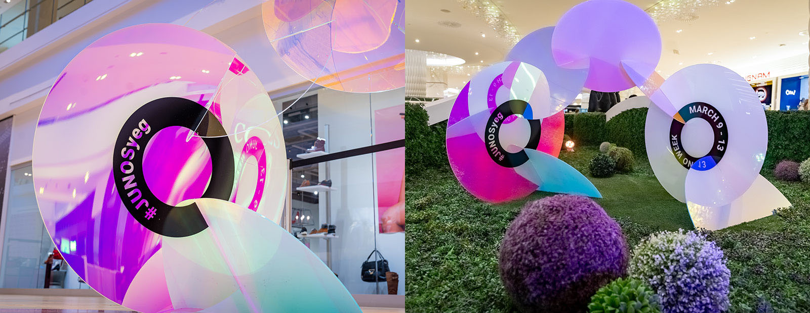 A side-by-side shot of two art installations, each one consisting of large, iridescent acrylic sculptures of vinyl records that bear the hashtag #JUNOSyeg. The art installations are located in Kingsway Garden Mall and West Edmonton Mall in Edmonton.