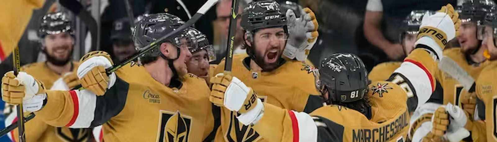 Vegas Golden Knights defenseman Nicolas Hague celebrates after scoring against the Edmonton Oilers during Game 5 of an NHL hockey Stanley Cup second-round playoff series on May 12 in Las Vegas