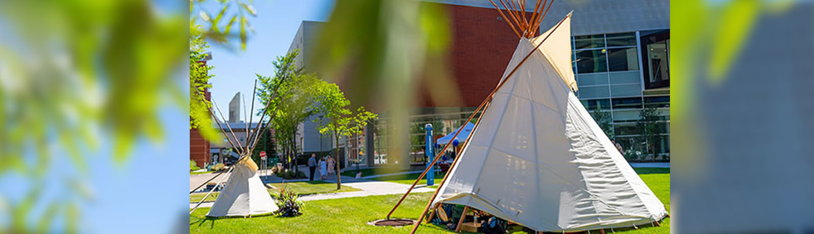 Two tipis set up on the lawn outside of the university's kihew waciston Indigenous Centre