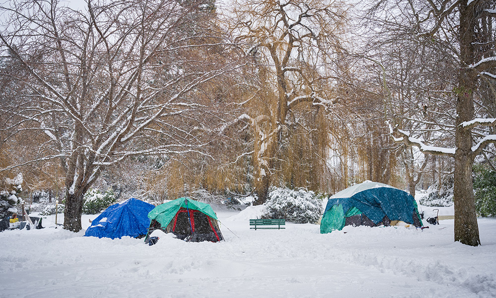 Three tarp-covered tents in a park covered with and surrounded by snow