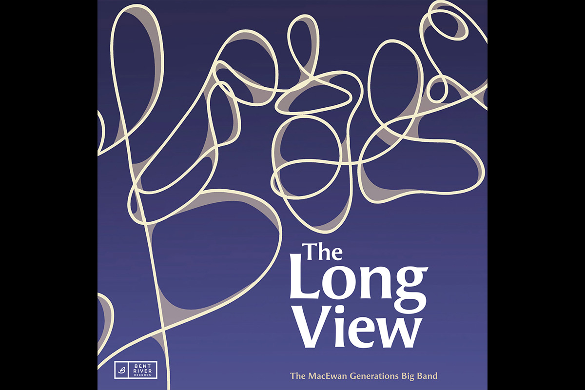 Cover image for The Long View. A blue background with tan squiggles