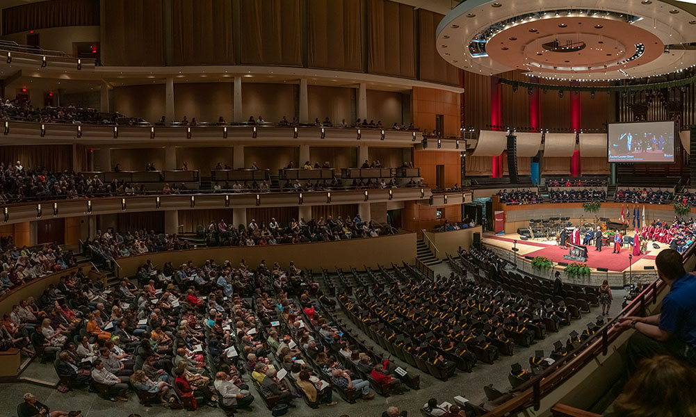 Wide-angle photo of convocation ceremonies at the Winspear Centre