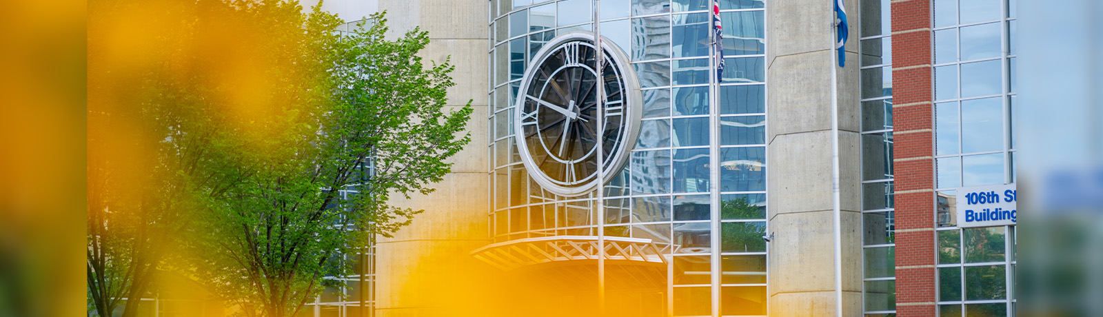 The MacEwan clocktower is seen through blurred yellow flowers in the foreground.