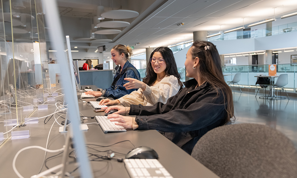 Students sit together in a computer lounge talking and working on computers