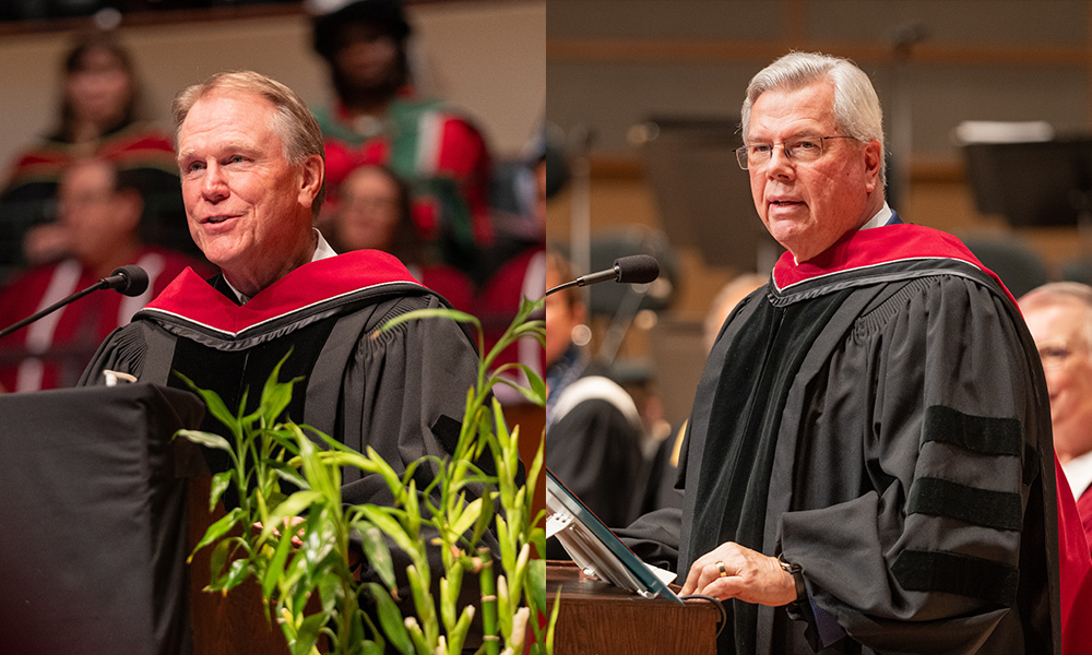 David L. Mowat and James Angus Reid Watt address graduates at Fall Convocation after receiving honorary doctorates