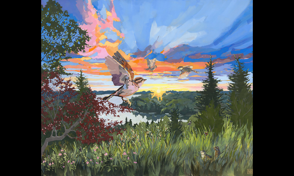 Photo of a painting by Naomi Bly of a bird in the foreground and Edmonton's river valley in the background