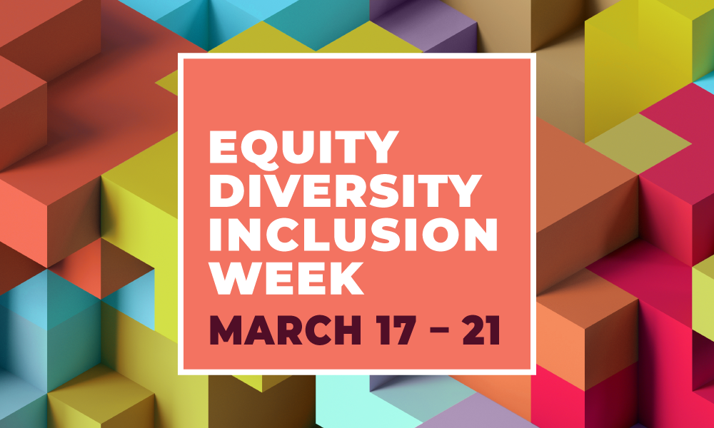 A multi-coloured background of intersecting blocks with MacEwan's EDI Week word mark in the middle.