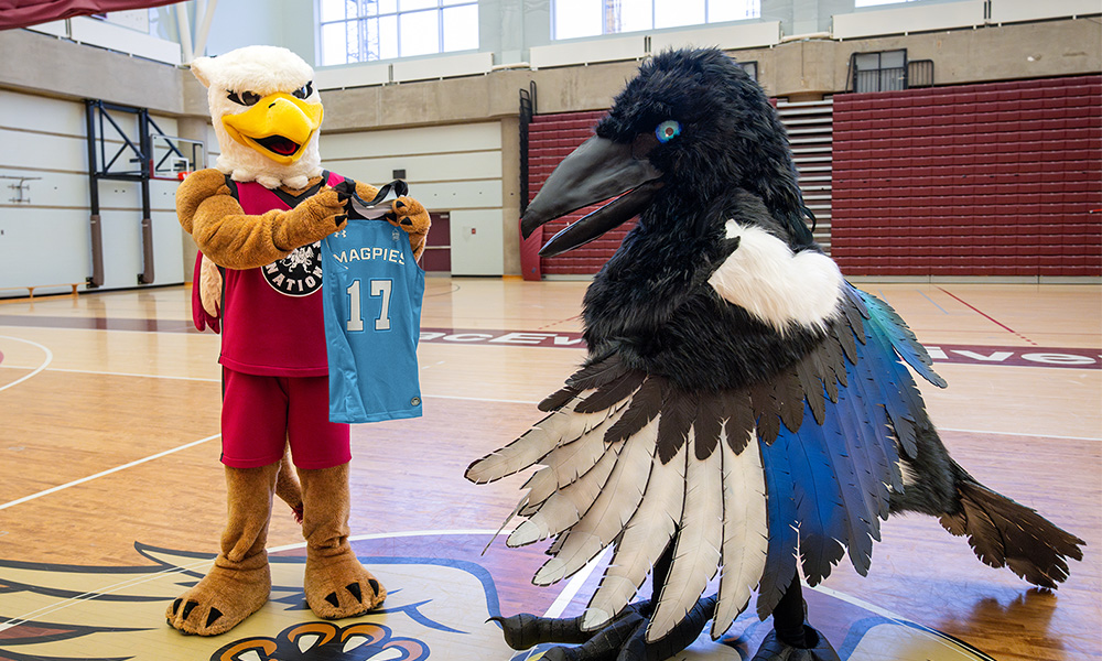 Griffins mascot with a mapie mascot