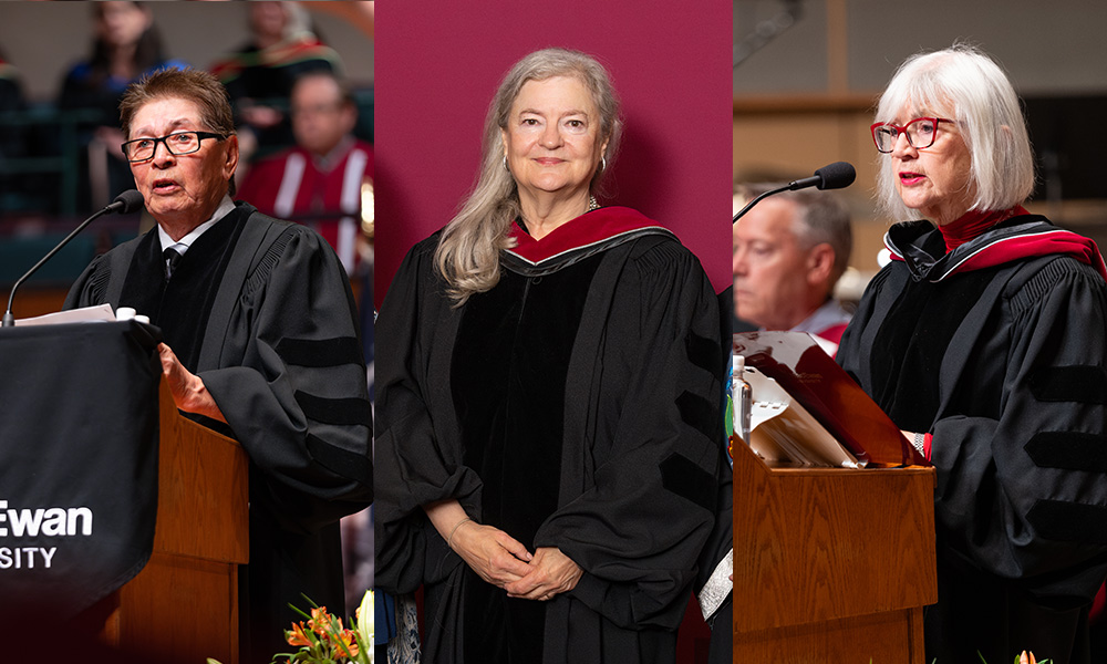 three side-by-side images together of people wearing black convocation gowns.