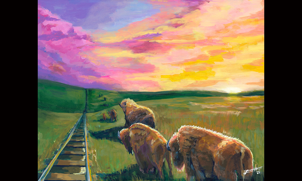 a picture of a painting of a sunset scene with a railroad and buffalo 