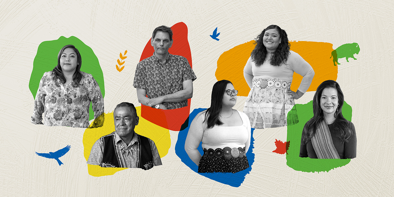 A collage of images of people laid overtop of a background with illustrations of bison and birds