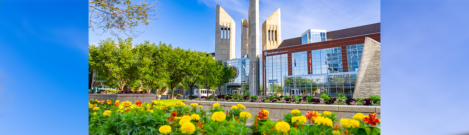 Front of campus with yellow and red flowers in the foreground
