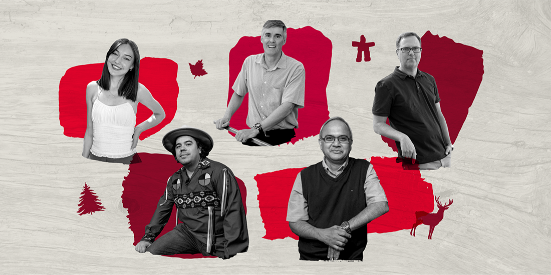 A collage of the people featured in this story, over red squares and small icons depicting iconic Canadian imagery, like a maple leaf and an inukshuk.