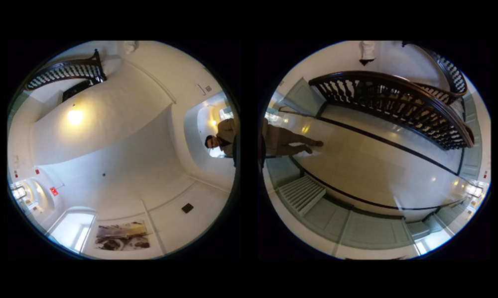 Two circles with images taken of the Escalier St-Joseph using a 360-degree camera