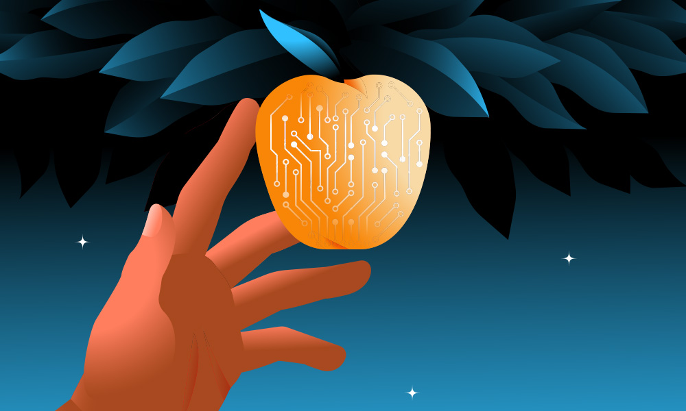 Illustration of a hand reaching for an apple with codes on it