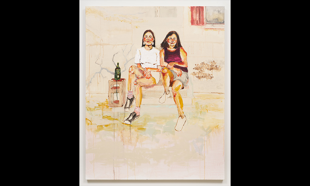 A painting of two girls sitting on the front step of a house.
