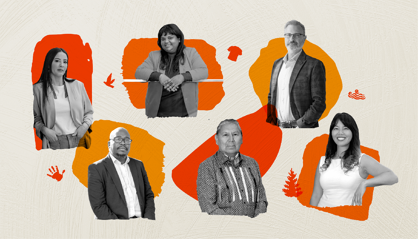 collage of photographs of five different people, against a background of oranges and small images that include a bird and an orange t-shirt