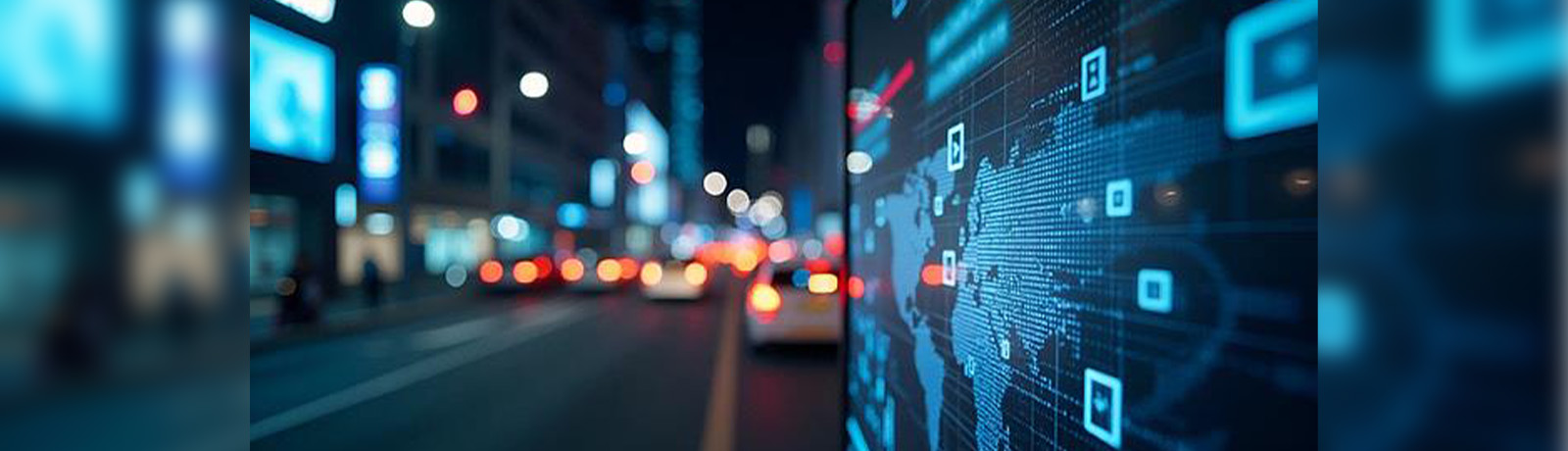A digital map is seen on the right side of the image, with blurred traffic lights and vehicles on the left.