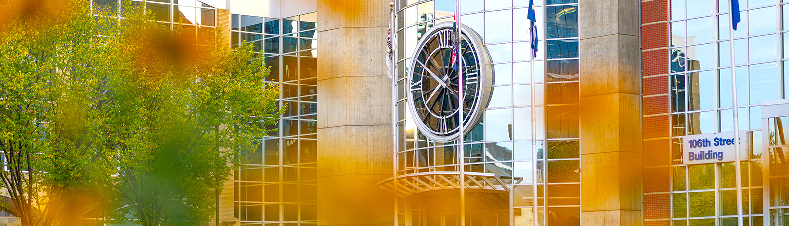 MacEwan's clock tower entrance photographed through blurry yellow leaves