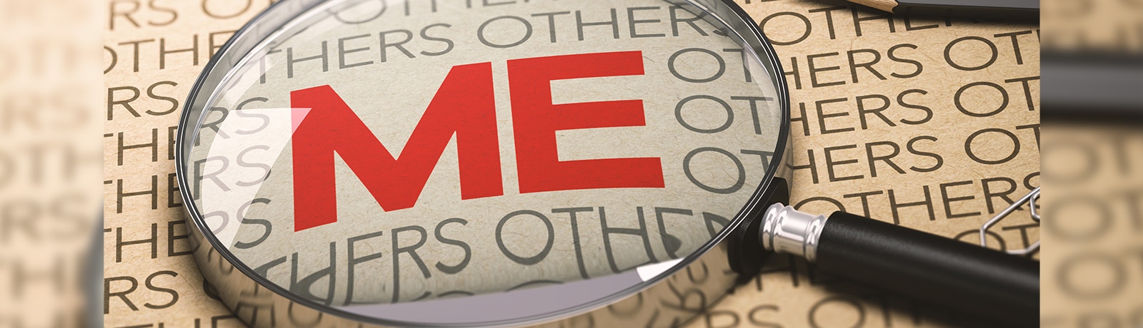 Magnifying glass with the word \\"ME\\" magnified in large print surrounded by smaller print that says \\"others\\