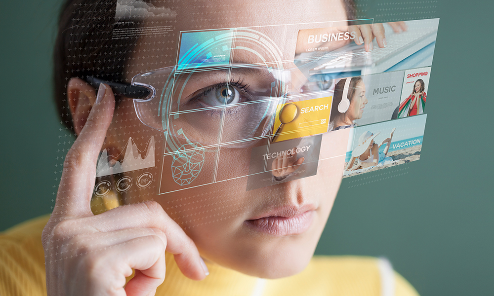 Woman in glasses with virtual screen