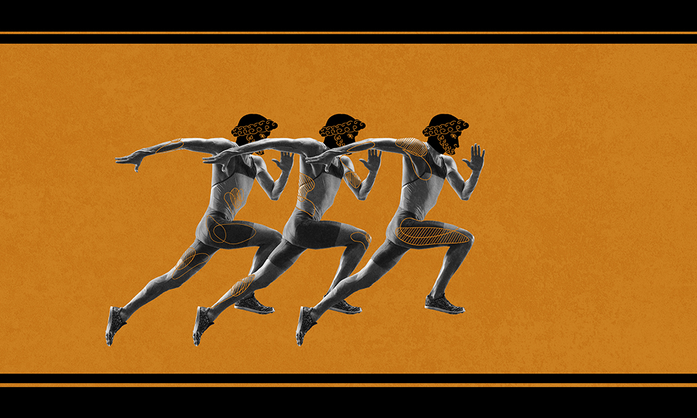 illustration in the style of ancient Greece of three men running 