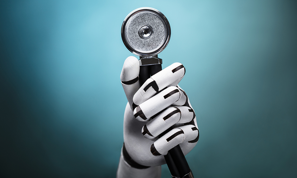 a white, robotic-looking hand holding a stethoscope